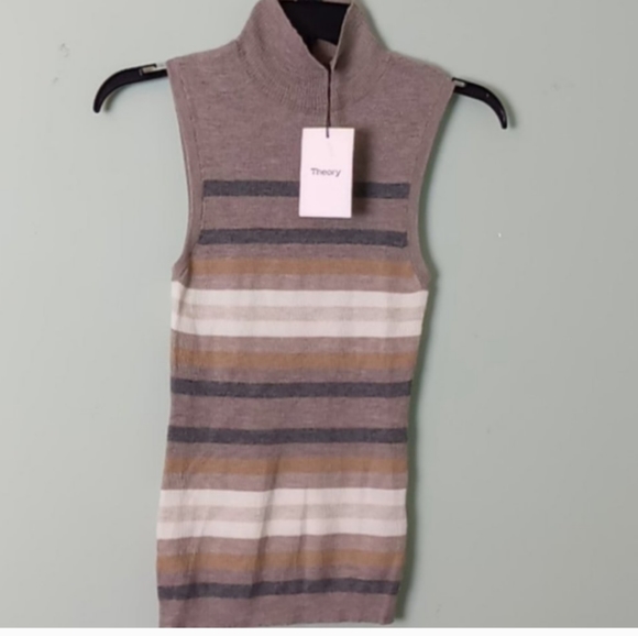 $365 Theory Regal Stripe Ribbed Turtle Neck Sleeveless Top New - Picture 2 of 9